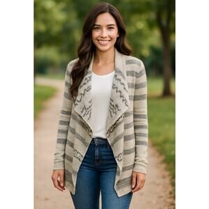 Lucky Brand Open Front Cardigan Sweater Medium Boho Aztec Tribal Knit Cream